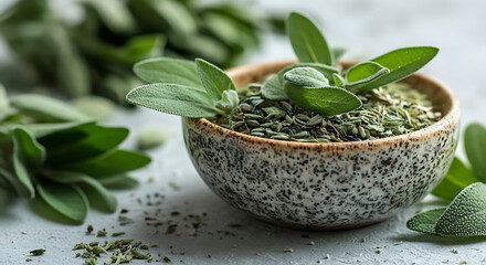 Sage leaves and dried herbs in a speckled bowl on a light surface with more sage leaves around it