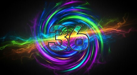 Abstract swirling vortex of vibrant rainbow colors with the number 36 prominently displayed in a metallic textured font