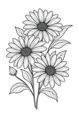 Elegant botanical-style black and white vector illustration of daisy flowers, crafted in a clean line-art aesthetic for nature-themed design, decor, logos, and graphic projects.