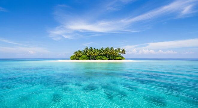 A small tropical island paradise with lush green palm trees and white sand surrounded by crystal clear turquoise ocean water under a bright blue sky with scattered clouds