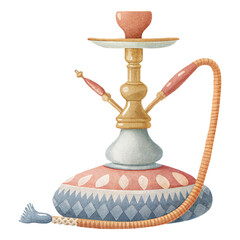 Whimsical watercolor illustration of ornate fantasy hookah with decorative patterns and pastel colors
