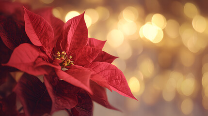 Bright red poinsettia bloom shines against blurred golden lights during holiday season