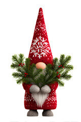 Holiday gnome with red knitted hat and greenery, celebrating the festive season