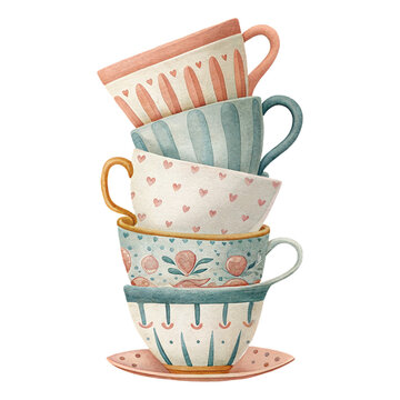 Whimsical watercolor illustration of stacked pastel teacups with heart and floral patterns in fantasy tea party style