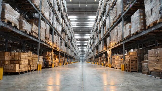 Vast Warehouse Interior With Rows Of Shelving Units Filled With Cardboard Boxes Under Industrial Lighting