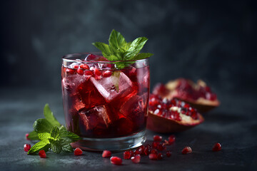 Refreshing pomegranate drink garnished with mint leaves served in a glass with pomegranate seeds on a dark background