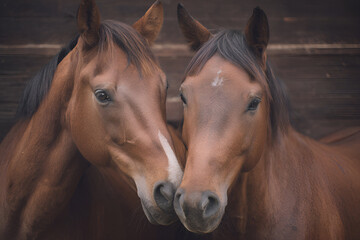 Two brown horses standing closely together in a rustic setting during the day
