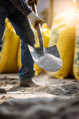 Construction worker shoveling grey sand in a construction site near yellow bags during daylight hours