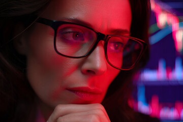 Woman analyzing financial data with charts in the background during evening hours