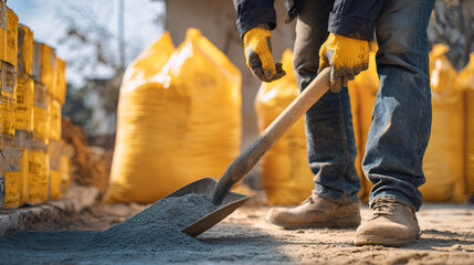 Construction worker using shovel to spread gravel at a building site in bright daylight