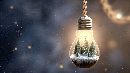 Light bulb filled with snow-covered trees, creating a winter wonderland scene