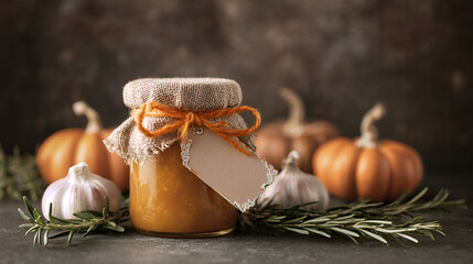 Warm fall flavors captured in a rustic jar of pumpkin spread surrounded by garlic and small pumpkins