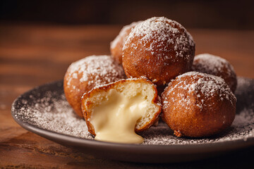 Warm dessert balls filled with creamy goodness and dusted with powdered sugar on a rustic plate
