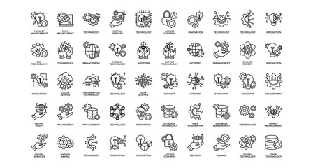 Technology management icon set collection. Containing services, draft, increase, database, profit, decision, diagram .Line vector icons collection