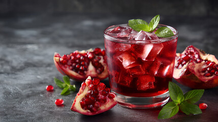 Fresh pomegranate drink served in a glass with ice and mint leaves garnished on a dark textured surface