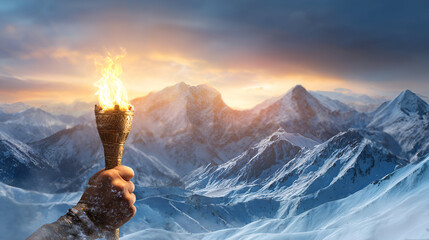 Flame burns bright in hand against snow-capped mountains at dusk