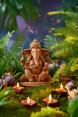 Clay statue of Lord Ganesha surrounded by greenery and candles during a festive celebration