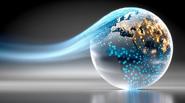 A glowing digital globe showing Europe with bright city lights and a stream of blue light particles flowing across it against a dark, reflective background. Con