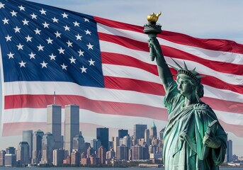 Statue of Liberty with American Flag and New York Skyline &mdash; Patriotic Landmark