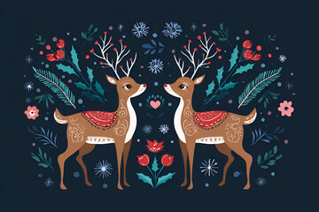 Festive deer surrounded by floral design in a winter setting for holiday celebration