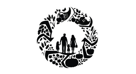 Family silhouette stands within a circular emblem of nature's bounty and recycling symbols, symbolizing sustainability and generational connection.