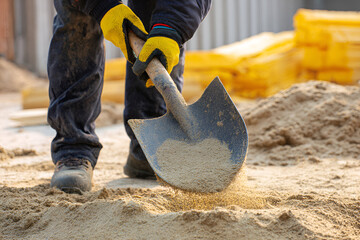 Construction worker using shovel to move sand on building site during daylight hours
