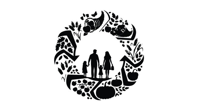 Family silhouette stands within a circular emblem of nature's bounty and recycling symbols, symbolizing sustainability and generational connection.