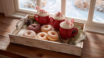 Cozy winter tray with hot chocolate in red mugs topped with whipped cream and candy canes, served with assorted donuts by snowy window