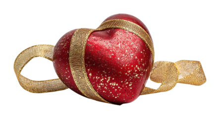 PNG Glittering heart with golden ribbon.