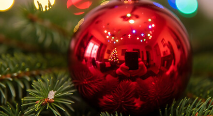 Festive Red Christmas Ornament on Evergreen Branch.