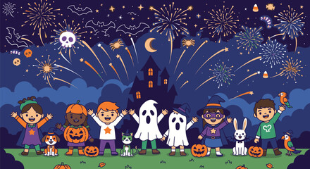 Naklejka premium Halloween Celebration with Children in Costumes and Fireworks Display.