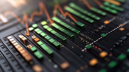 Close-up view of a digital interface displaying stock market data with green and orange bars representing trends and an orange line graph in the background, sug