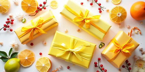 Sunny citrus Christmas flat lay with fruit themed gifts