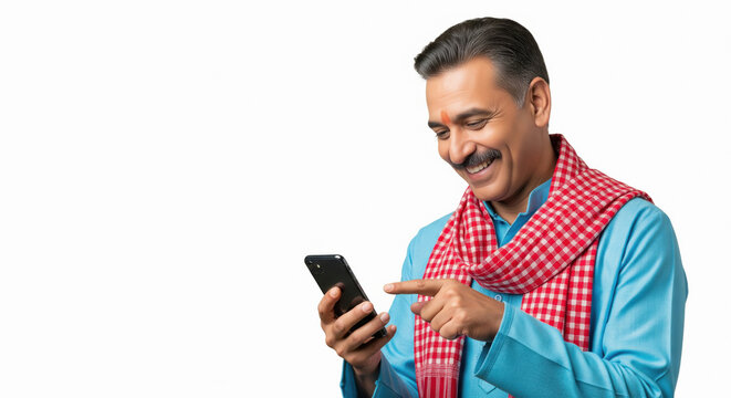A cheerful middle-aged Indian man in a blue kurta and red scarf points at his smartphone - Powered by Adobe