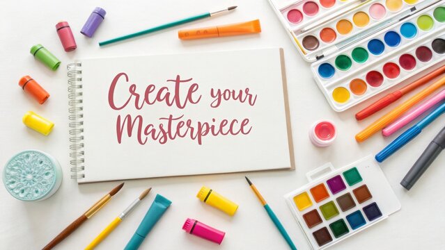 Creative concept with watercolor paints and artist supplies