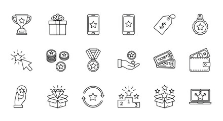 Set of rewards, loyalty program, and achievement line icons