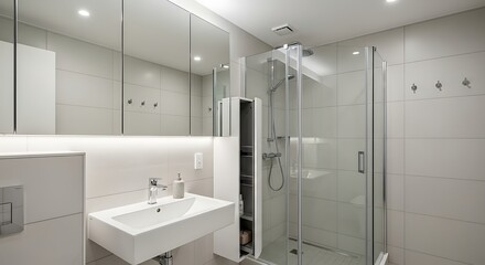 Modern bathroom with walk-in shower and vanity mirror.