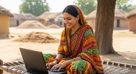 A cheerful Indian woman in a colorful saree sits outdoors in a rural setting, smiling as she works on her laptop.