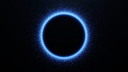 Bright blue particle vortex forming a glowing circular ring like a portal with strong futuristic...