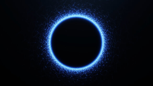 Bright blue particle vortex forming a glowing circular ring like a portal with strong futuristic energy motion on a dark sci-fi background.