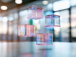 Four translucent glass cubes with glowing digital particles inside, suspended in mid-air against a softly blurred background with warm lighting.