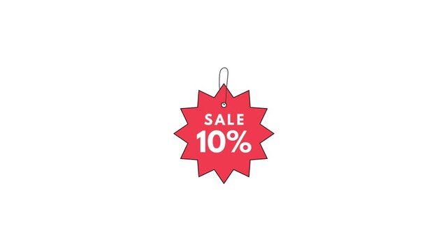 Red sale tag with 10% discount on white background.