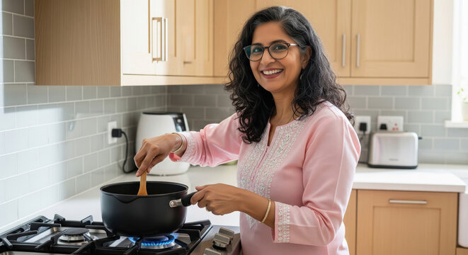 An Indian woman in a pink kurta is cooking on a gas stove in a modern kitchen, stirring a pot with a wooden spoon. - Powered by Adobe