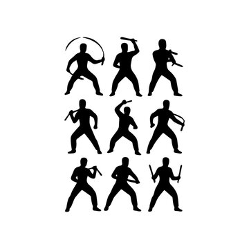 Silhouettes of ninjas in action poses with weapons