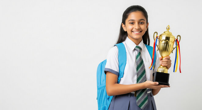 A young Indian female student in school uniform stands indoors, holding notebooks and a backpack, ready to learn. - Powered by Adobe
