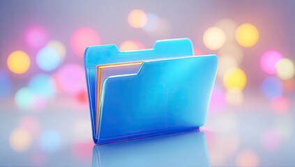 Glossy blue folder icon with golden paper on bokeh background