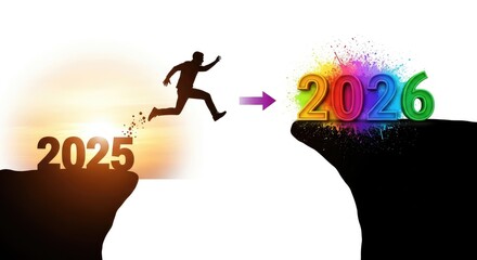 Man jumping from 2025 to 2026 cliff vision of future growth and change