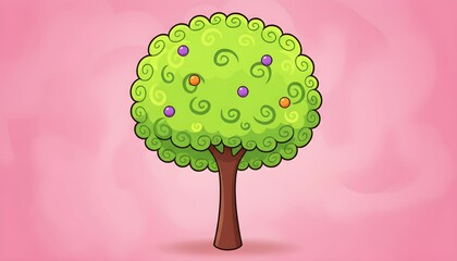 Bright green cartoon tree decorated with colorful ornaments on a pink background, ideal for Christmas themed illustrations or festive designs Generative AI