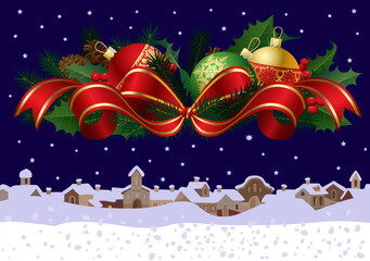 A Christmas wreath of fir branches against the backdrop of a wintery old town. Snowy Christmas landscape. Template for a holiday greeting. Vector illustration.