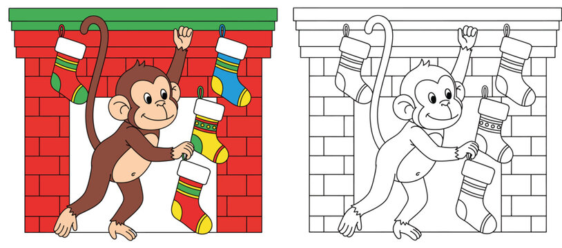 Cute monkey hanging Christmas stockings on fireplace Vector cartoon illustration of animal decorating.